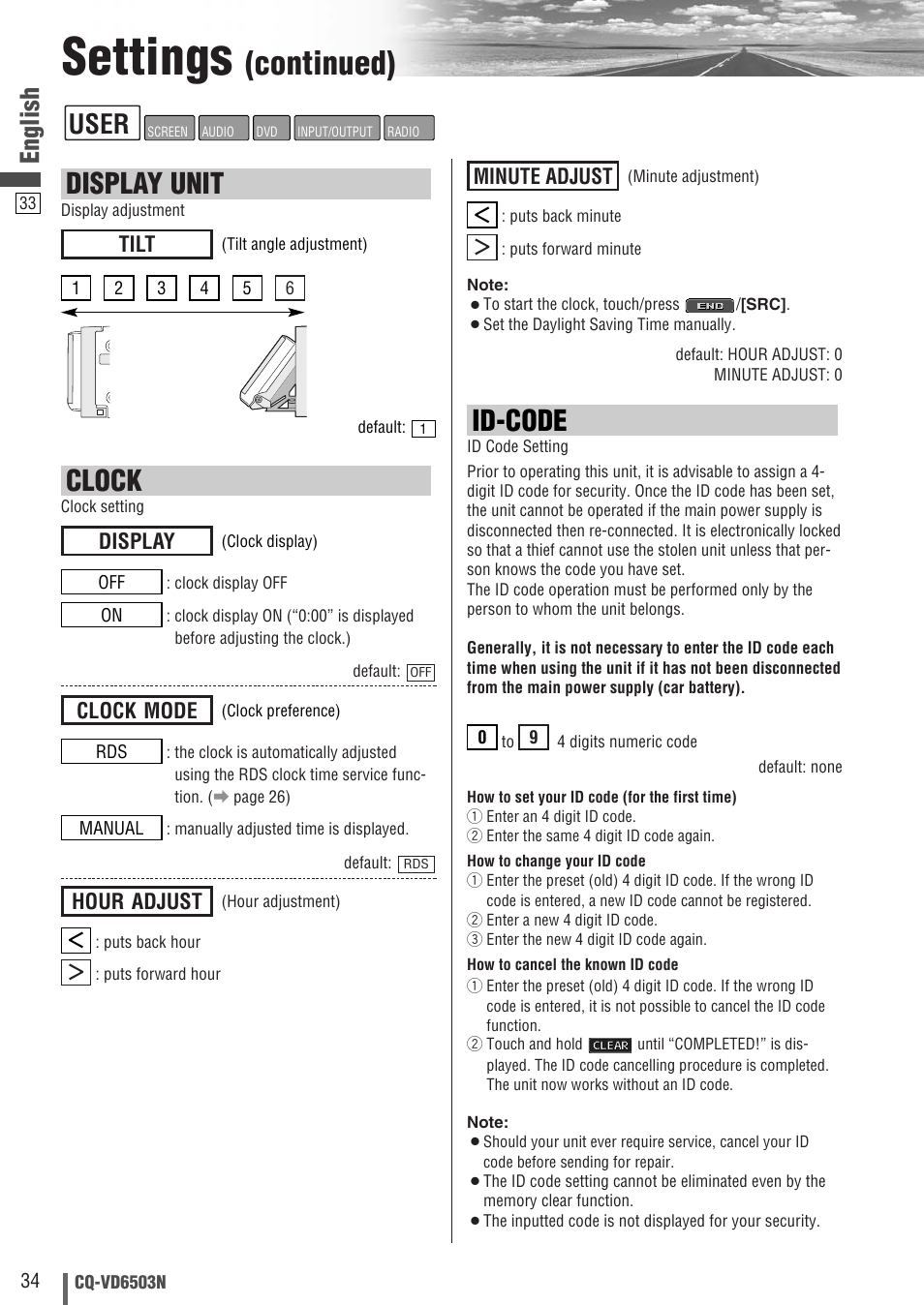 Settings, Continued), Id-code | Clock, Display unit, User, English, Minute adjust, Hour adjust, Clock mode | Panasonic CQ-VD6503N User Manual | Page 34 / 100