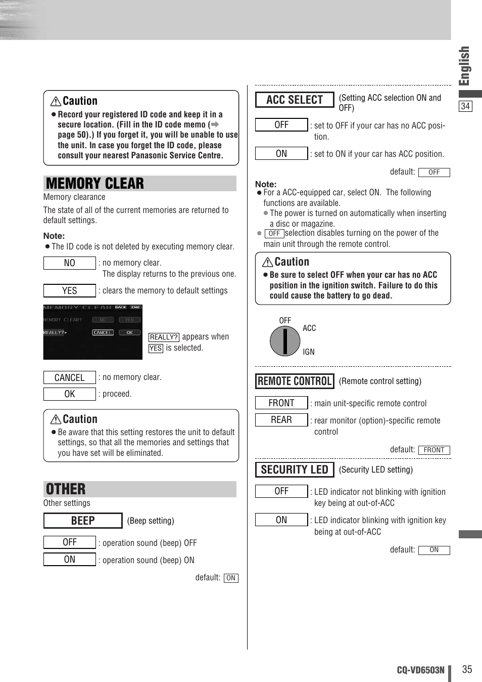 Other, English, Beep | Security led, Remote control, Acc select caution, Caution | Panasonic CQ-VD6503N User Manual | Page 35 / 100