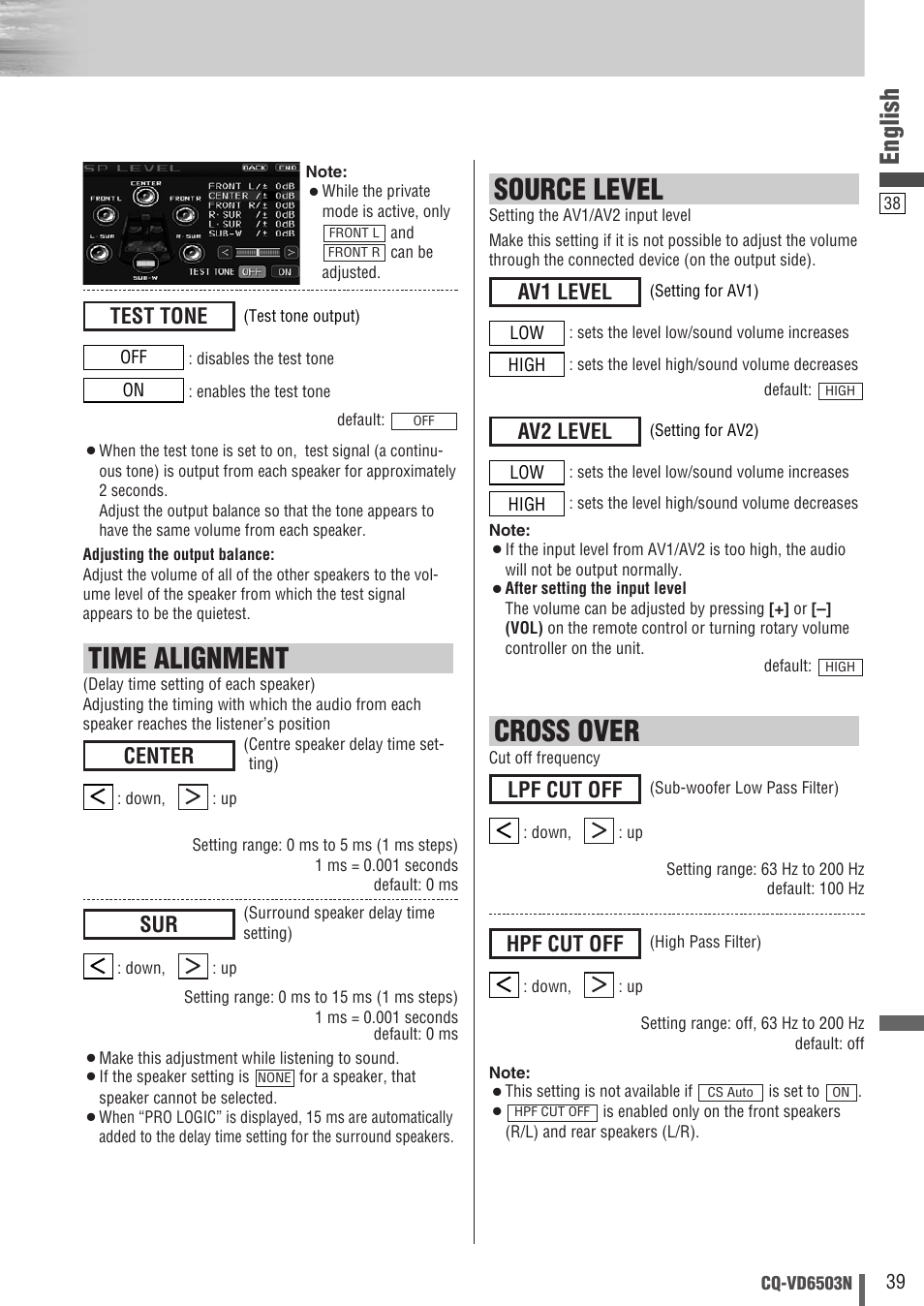 Cross over, Time alignment, Source level | English, Test tone, Hpf cut off, Lpf cut off, Center, Av2 level, Av1 level | Panasonic CQ-VD6503N User Manual | Page 39 / 100
