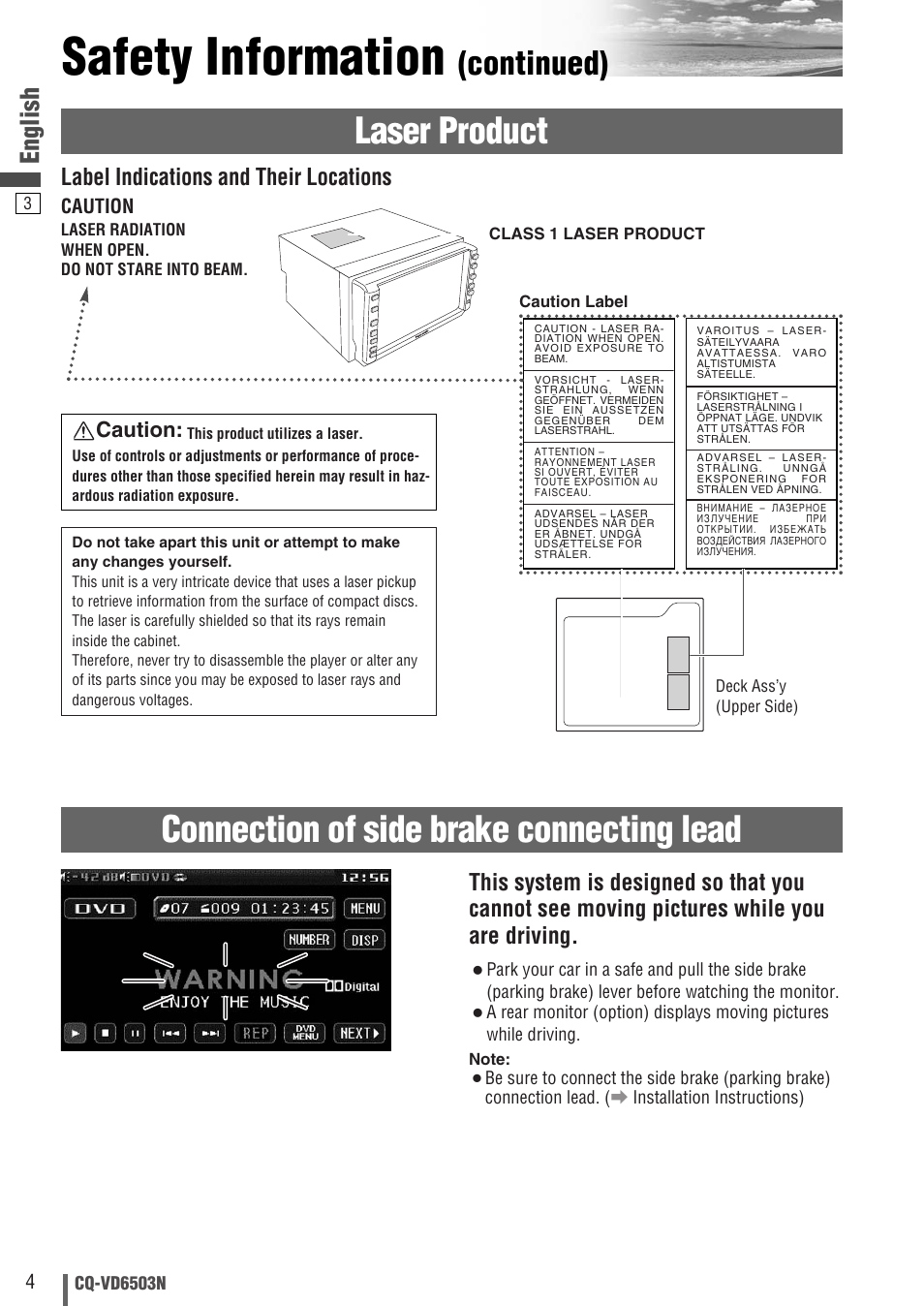 Safety information, Continued), English | Label indications and their locations, Caution | Panasonic CQ-VD6503N User Manual | Page 4 / 100