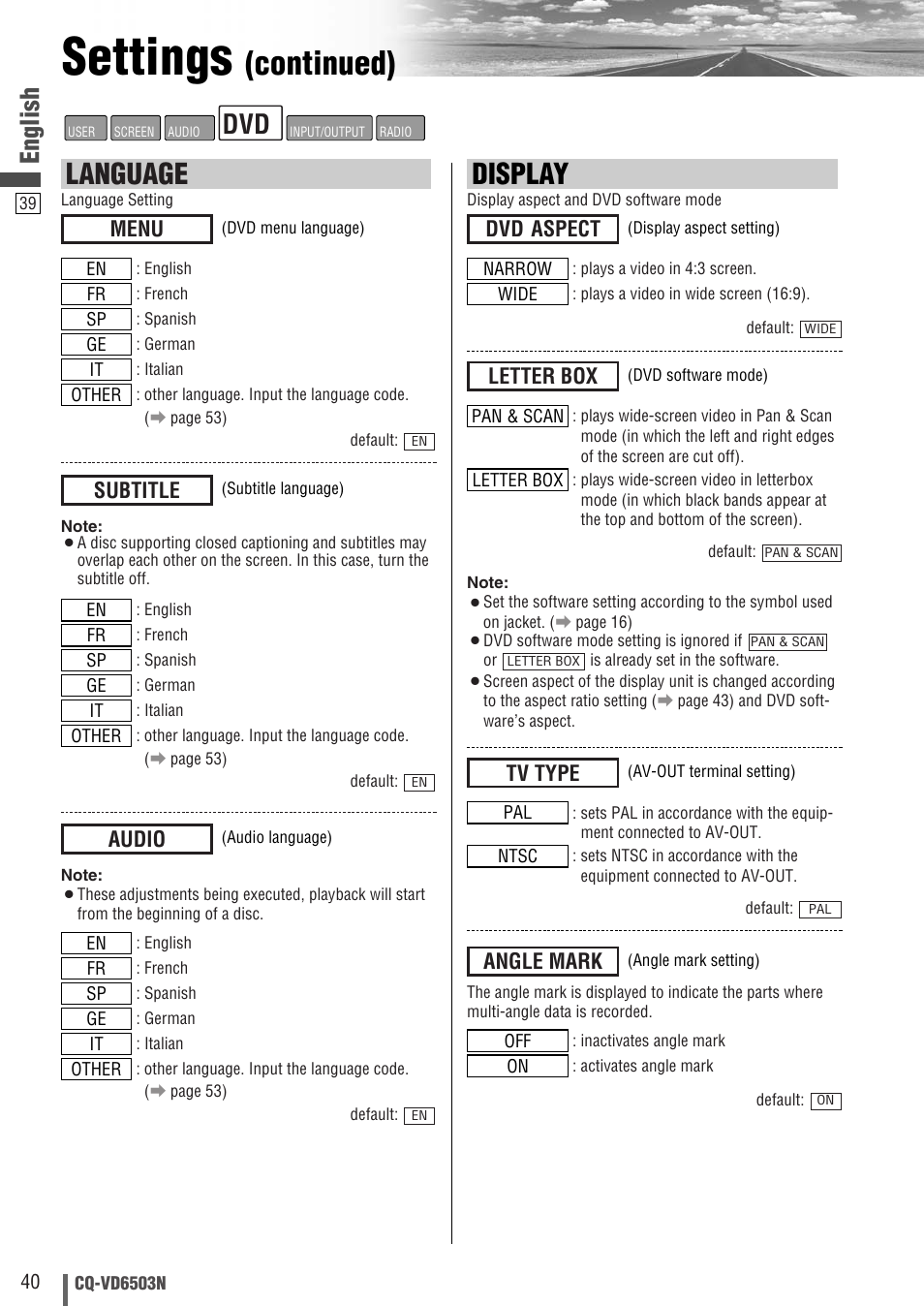 Settings, Continued), Display | Language, English, Dvd aspect, Angle mark, Tv type, Letter box, Menu | Panasonic CQ-VD6503N User Manual | Page 40 / 100