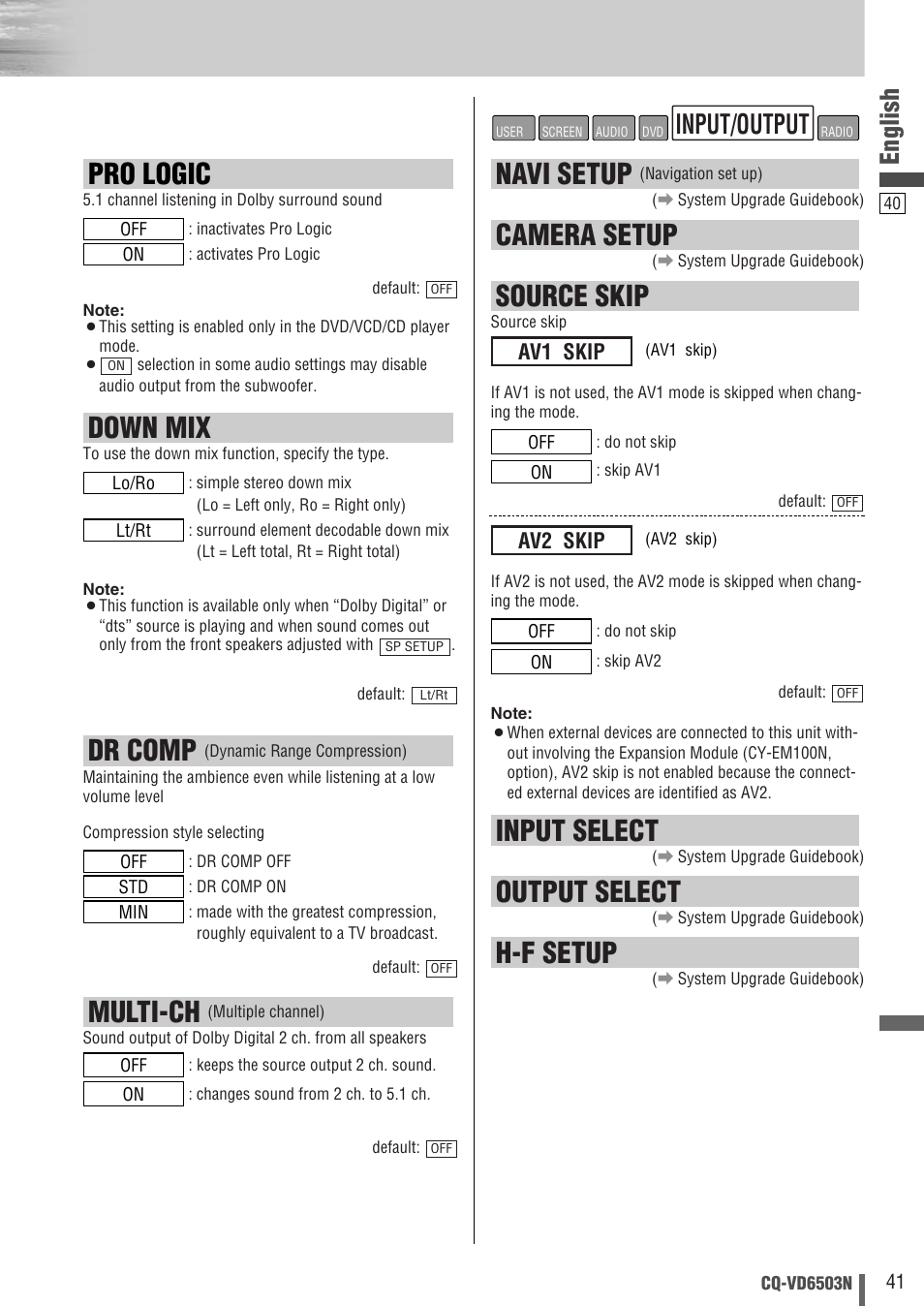 Pro logic, Down mix, Multi-ch | Dr comp, Navi setup, Camera setup, Source skip, Input select, Output select, H-f setup | Panasonic CQ-VD6503N User Manual | Page 41 / 100