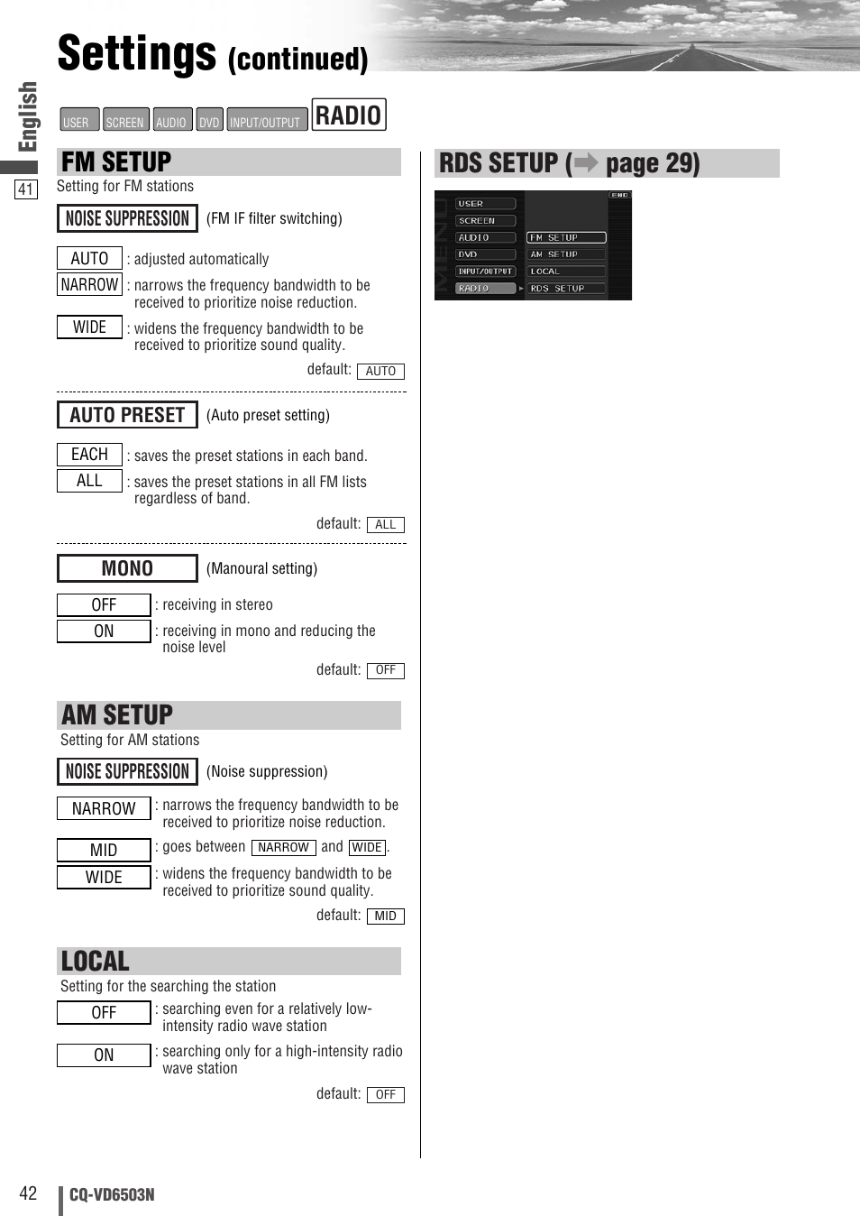 Settings, Continued), Fm setup | Am setup, Local, Rds setup ( a page 29), Radio, English | Panasonic CQ-VD6503N User Manual | Page 42 / 100