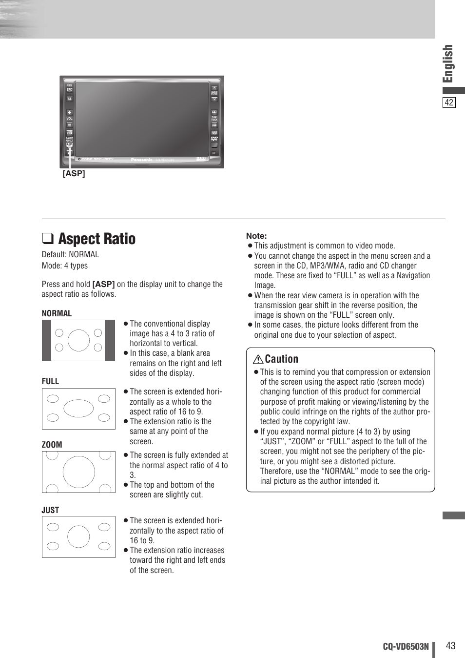 Aspect ratio, English, Caution | Cq-vd6503n | Panasonic CQ-VD6503N User Manual | Page 43 / 100