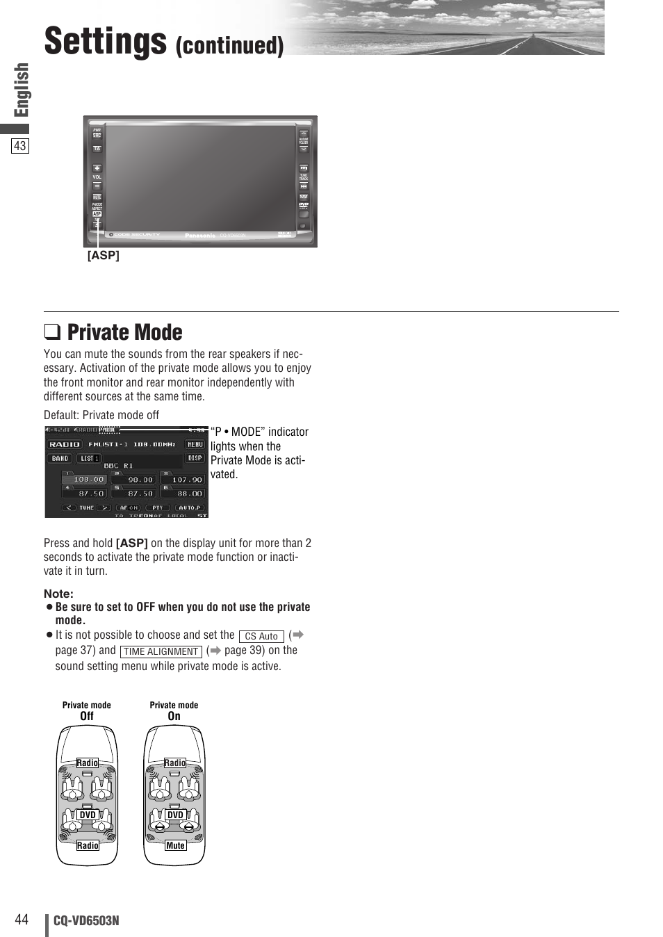 Settings, Continued), Private mode | English, Cq-vd6503n | Panasonic CQ-VD6503N User Manual | Page 44 / 100