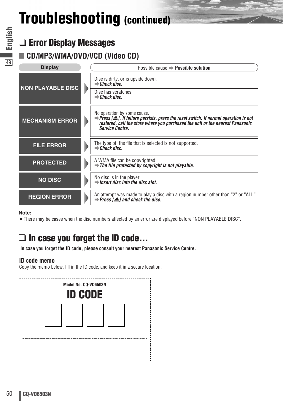 Troubleshooting, Id code, Continued) | Error display messages, English, Cd/mp3/wma/dvd/vcd (video cd) | Panasonic CQ-VD6503N User Manual | Page 50 / 100