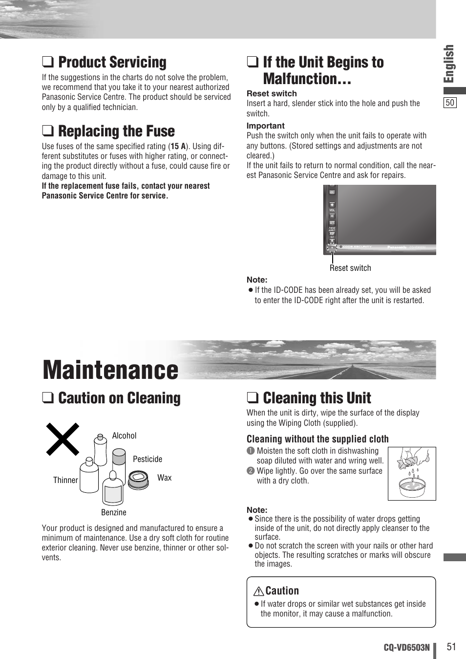 Maintenance, Product servicing, Replacing the fuse | If the unit begins to malfunction, Cleaning this unit, Caution on cleaning, English, Caution | Panasonic CQ-VD6503N User Manual | Page 51 / 100