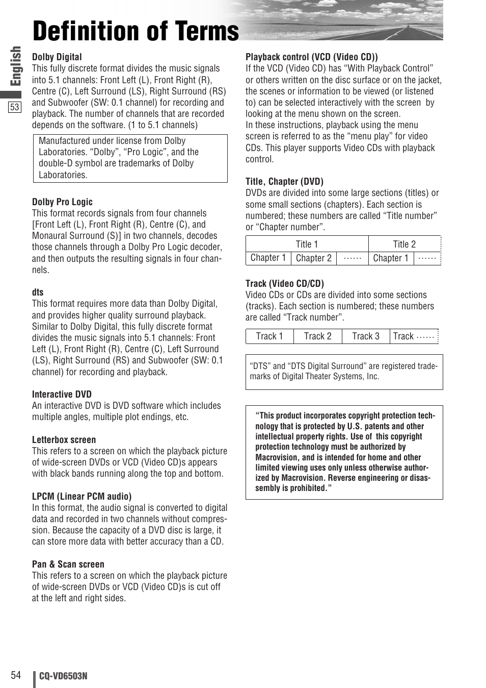 Definition of terms, English | Panasonic CQ-VD6503N User Manual | Page 54 / 100