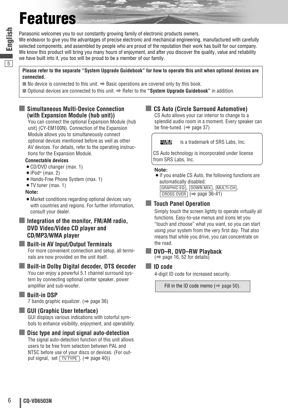 Features, English | Panasonic CQ-VD6503N User Manual | Page 6 / 100