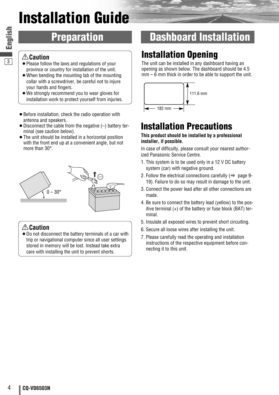 Installation guide, Preparation dashboard installation, Installation opening | Installation precautions, English | Panasonic CQ-VD6503N User Manual | Page 60 / 100