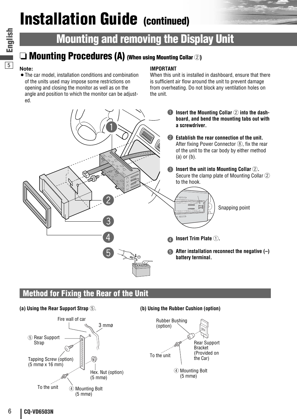 Installation guide, Mounting and removing the display unit, Qw e t | Continued), Mounting procedures (a), English, Method for fixing the rear of the unit | Panasonic CQ-VD6503N User Manual | Page 62 / 100