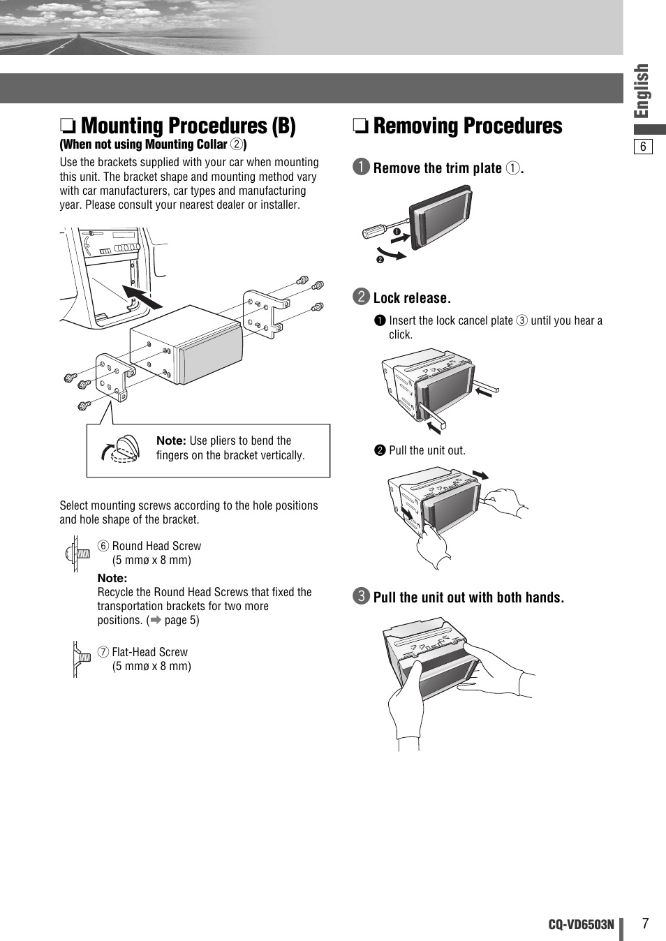 Mounting procedures (b), Removing procedures, English | Panasonic CQ-VD6503N User Manual | Page 63 / 100