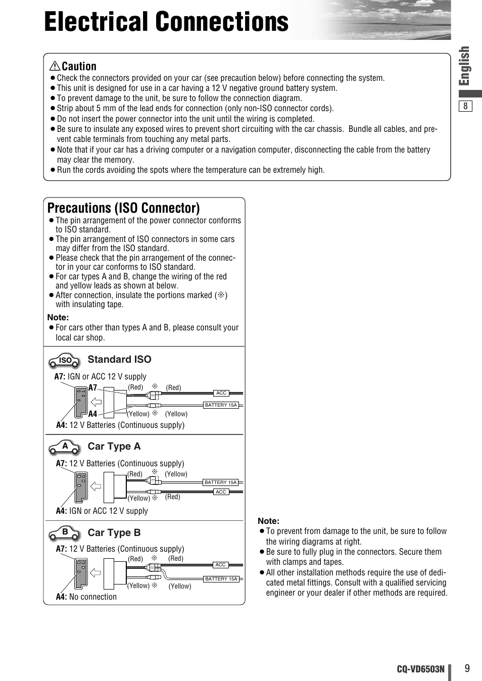 Electrical connections, English, Precautions (iso connector) | Caution | Panasonic CQ-VD6503N User Manual | Page 65 / 100