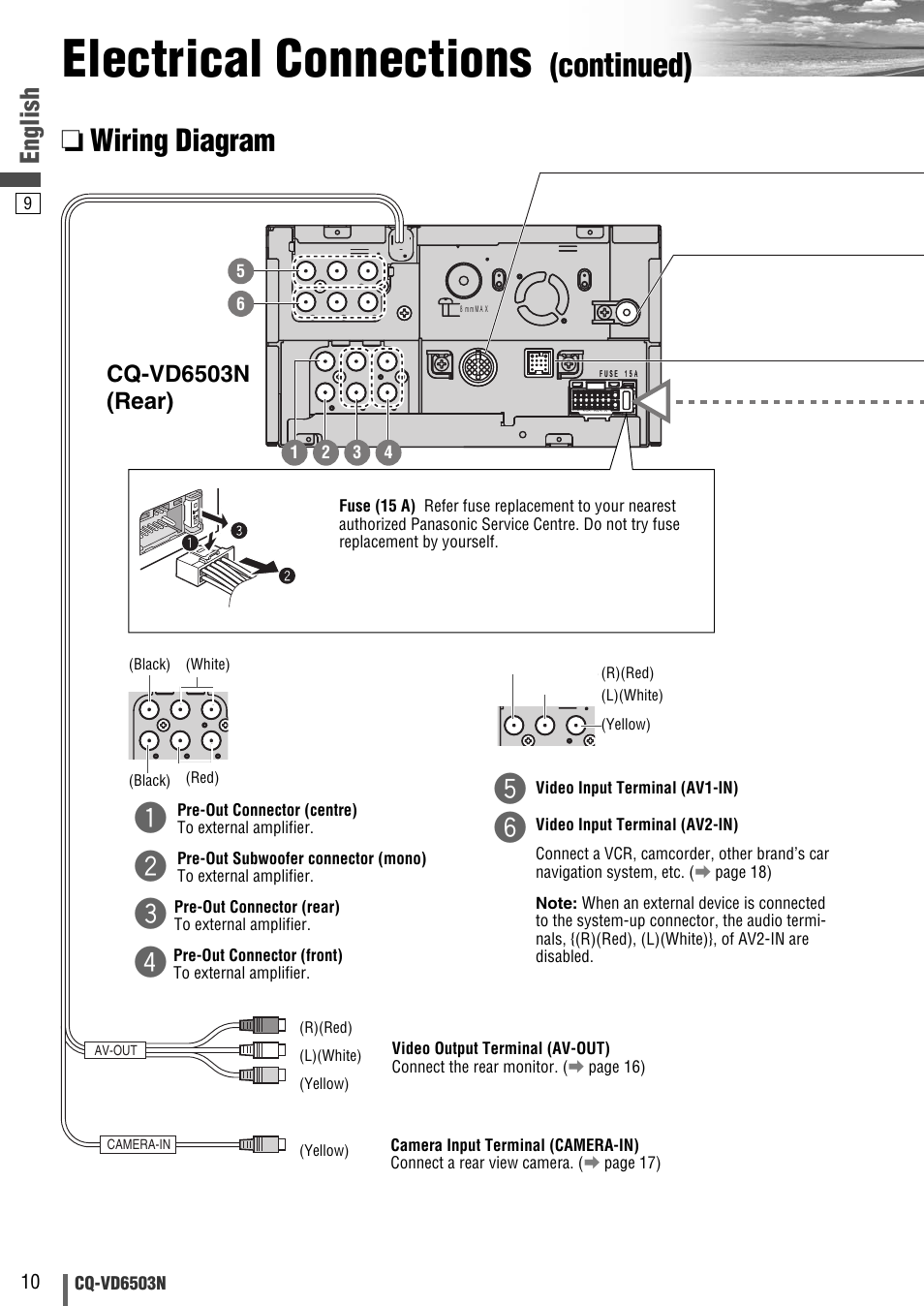 Electrical connections, Continued), Wiring diagram | English, Cq-vd6503n (rear) | Panasonic CQ-VD6503N User Manual | Page 66 / 100