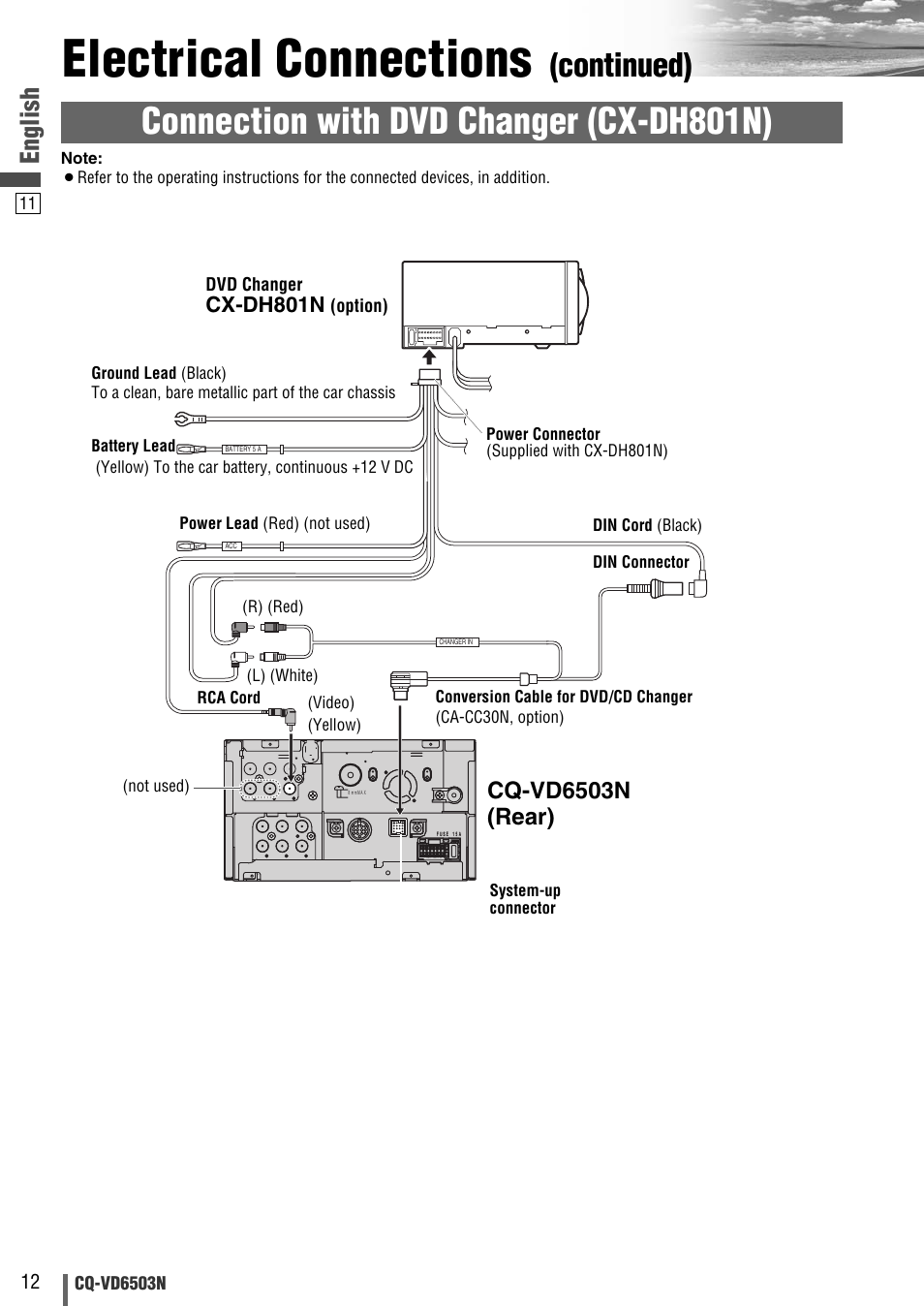 Electrical connections, Connection with dvd changer (cx-dh801n), Continued) | English, Cq-vd6503n (rear), Cx-dh801n | Panasonic CQ-VD6503N User Manual | Page 68 / 100