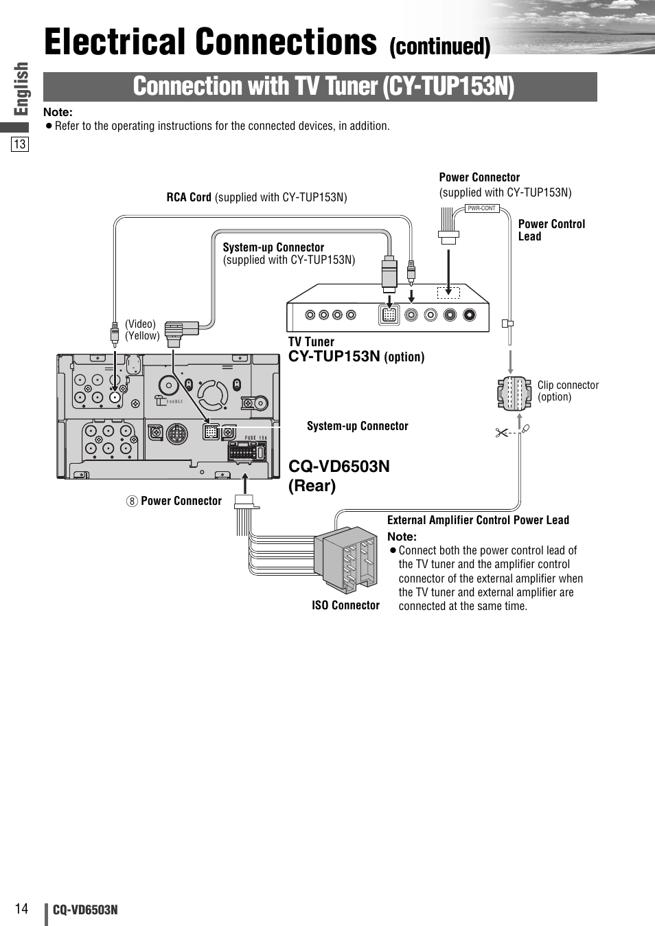 Electrical connections, Connection with tv tuner (cy-tup153n), Continued) | English, Cq-vd6503n (rear), Cy-tup153n | Panasonic CQ-VD6503N User Manual | Page 70 / 100