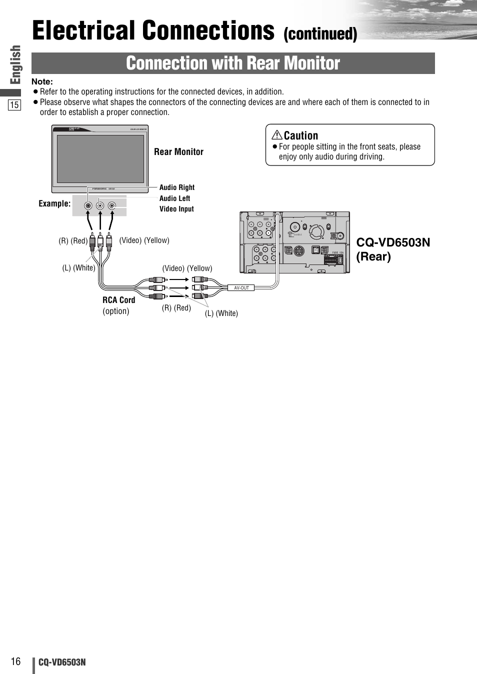 Electrical connections, Connection with rear monitor, Continued) | English, Cq-vd6503n (rear), Caution | Panasonic CQ-VD6503N User Manual | Page 72 / 100