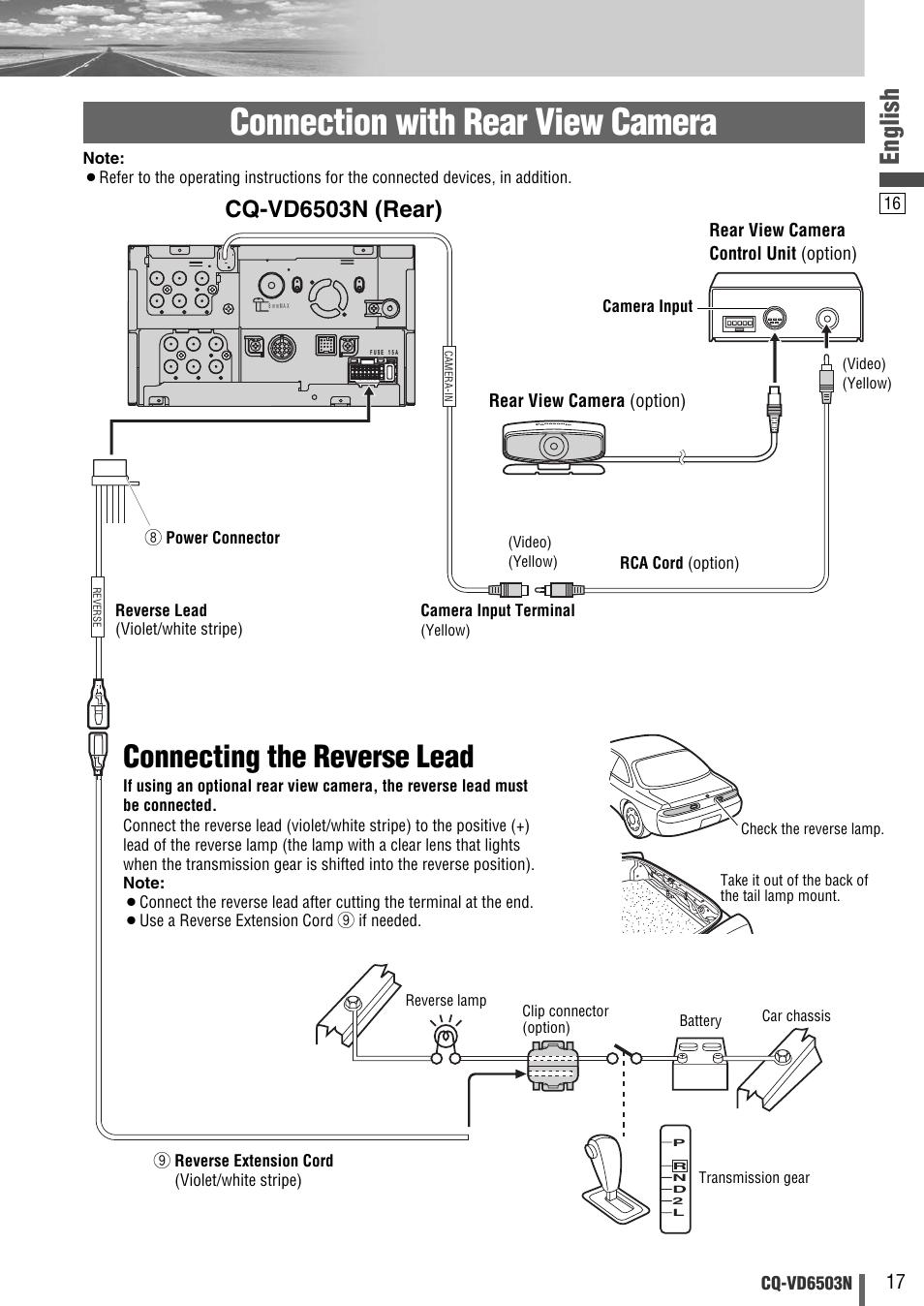 Connection with rear view camera, Connecting the reverse lead, English | Cq-vd6503n (rear) | Panasonic CQ-VD6503N User Manual | Page 73 / 100