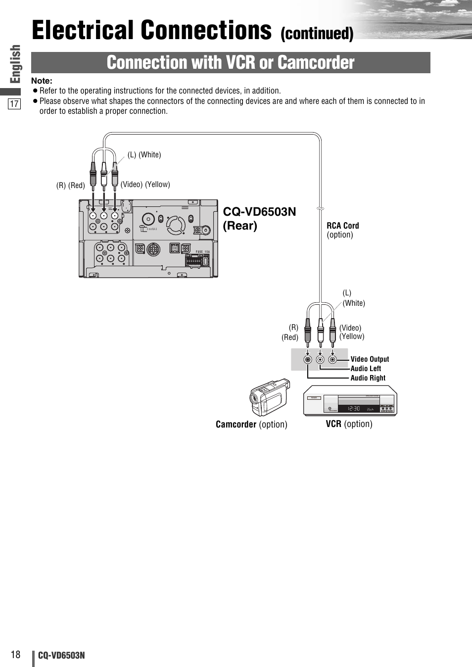 Electrical connections, Connection with vcr or camcorder, Continued) | English, Cq-vd6503n (rear) | Panasonic CQ-VD6503N User Manual | Page 74 / 100
