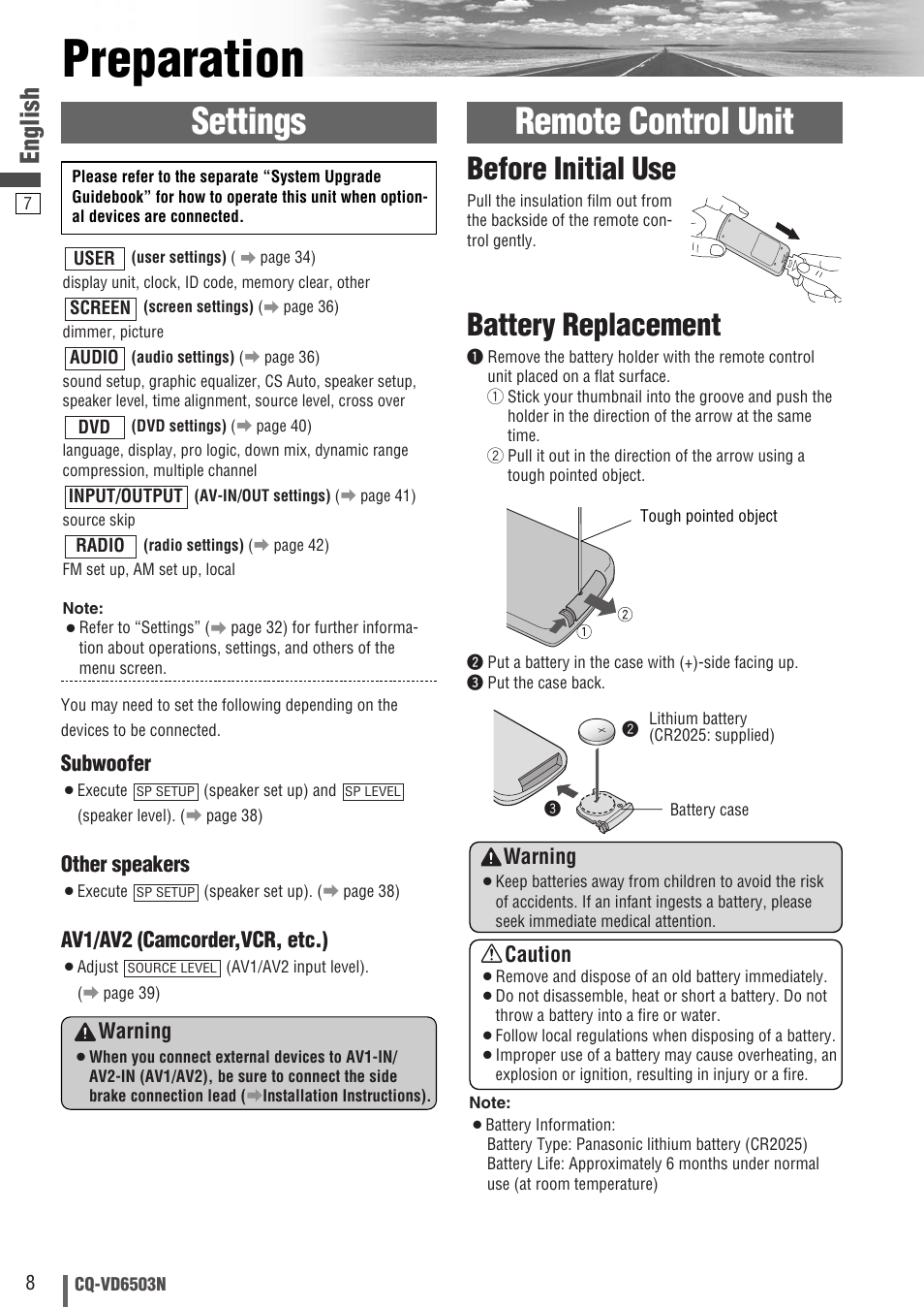 Preparation, Settings, Remote control unit | Battery replacement, Before initial use, English, Subwoofer, Other speakers, Av1/av2 (camcorder,vcr, etc.), Warning | Panasonic CQ-VD6503N User Manual | Page 8 / 100