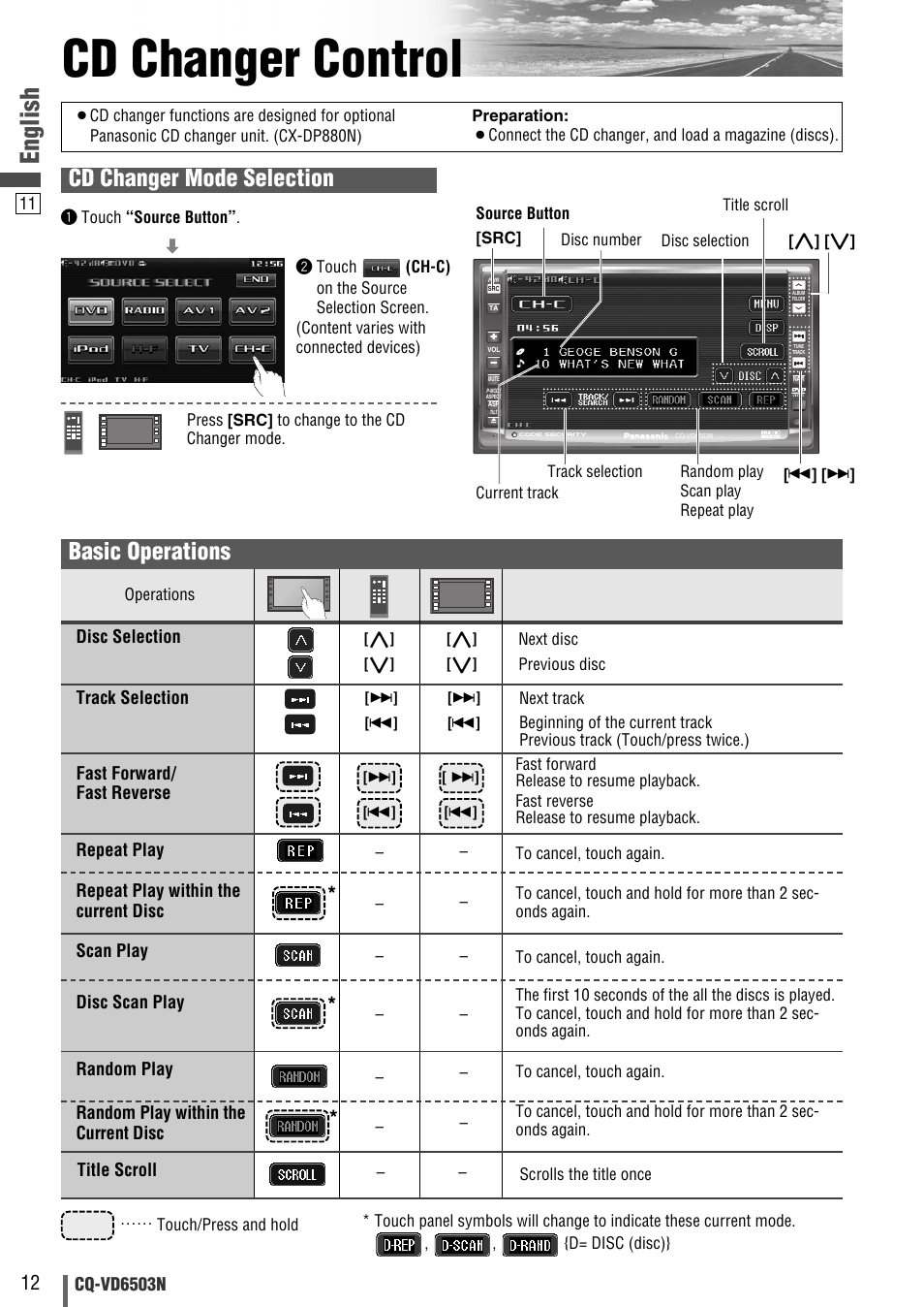 Cd changer control, English, Basic operations | Cd changer mode selection | Panasonic CQ-VD6503N User Manual | Page 88 / 100