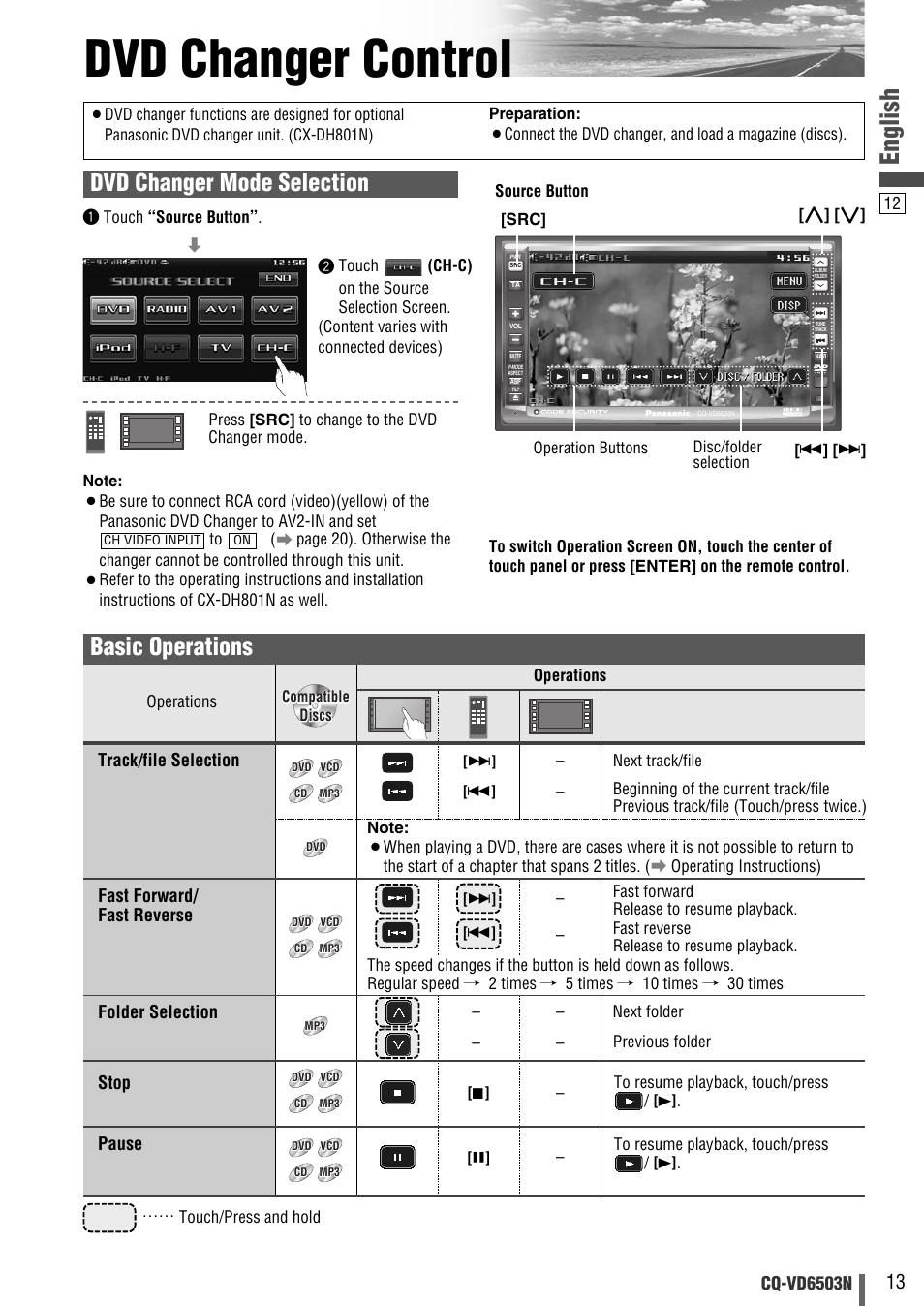 Dvd changer control, English, Basic operations | Dvd changer mode selection, Cq-vd6503n, Track/file selection fast forward/ fast reverse, Folder selection, Stop, Pause | Panasonic CQ-VD6503N User Manual | Page 89 / 100