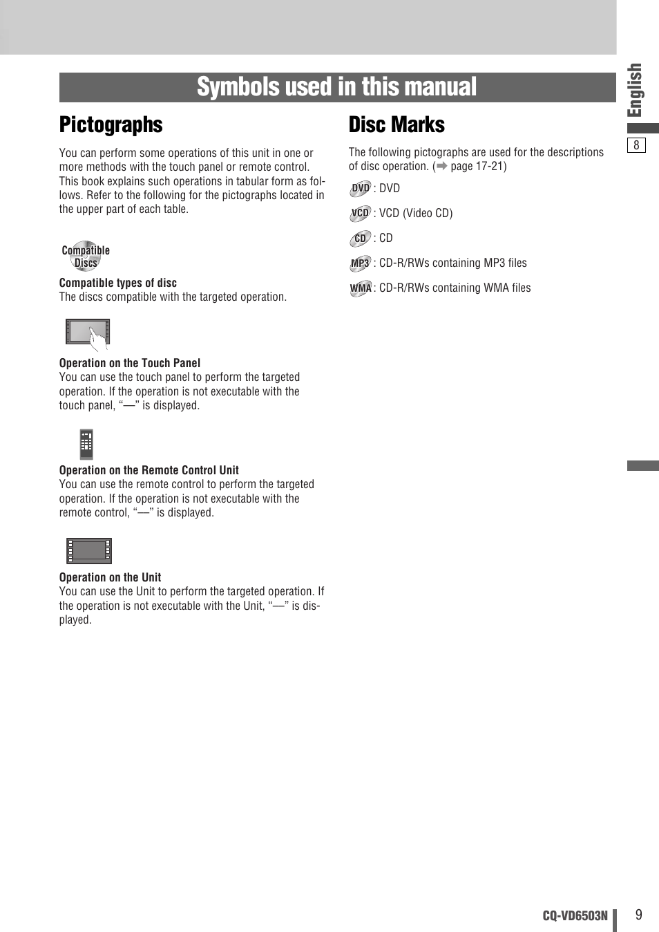 Symbols used in this manual, Pictographs, Disc marks | English | Panasonic CQ-VD6503N User Manual | Page 9 / 100