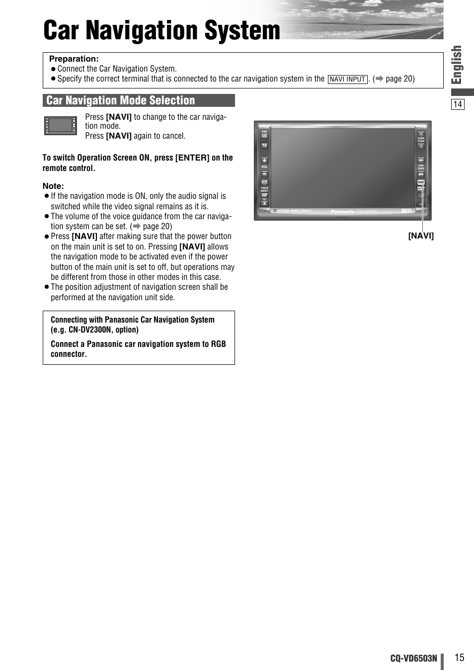 Car navigation system, English, Car navigation mode selection | Cq-vd6503n | Panasonic CQ-VD6503N User Manual | Page 91 / 100