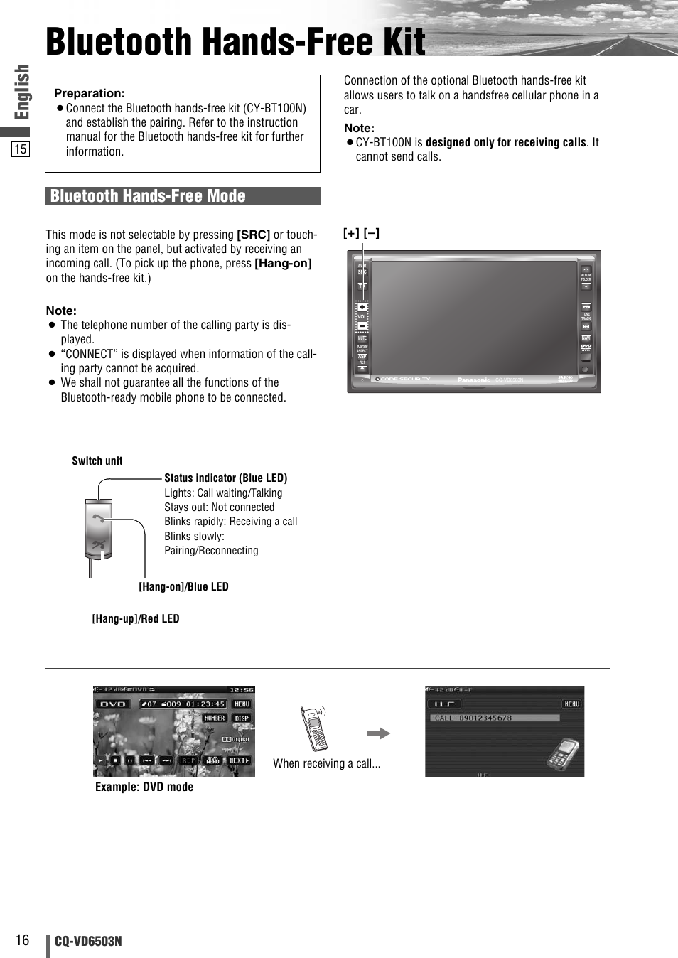 Bluetooth hands-free kit, English, Bluetooth hands-free mode | Cq-vd6503n | Panasonic CQ-VD6503N User Manual | Page 92 / 100