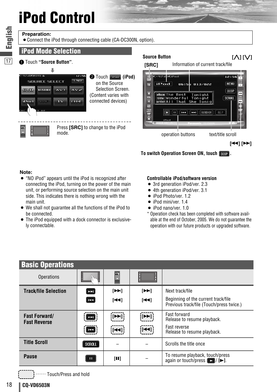 Ipod control, English, Basic operations | Ipod mode selection | Panasonic CQ-VD6503N User Manual | Page 94 / 100