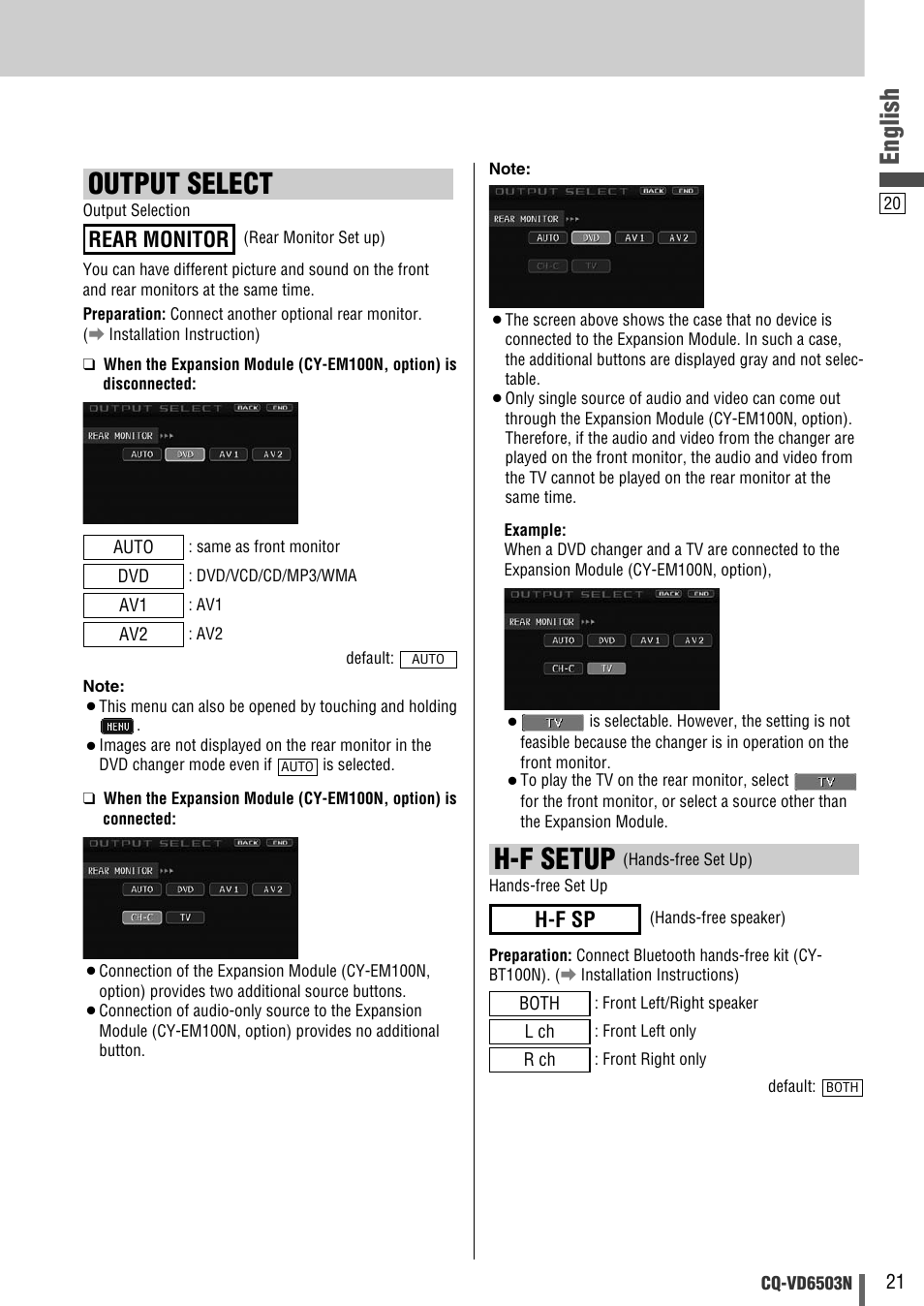 Output select, H-f setup, English | Rear monitor, H-f sp | Panasonic CQ-VD6503N User Manual | Page 97 / 100