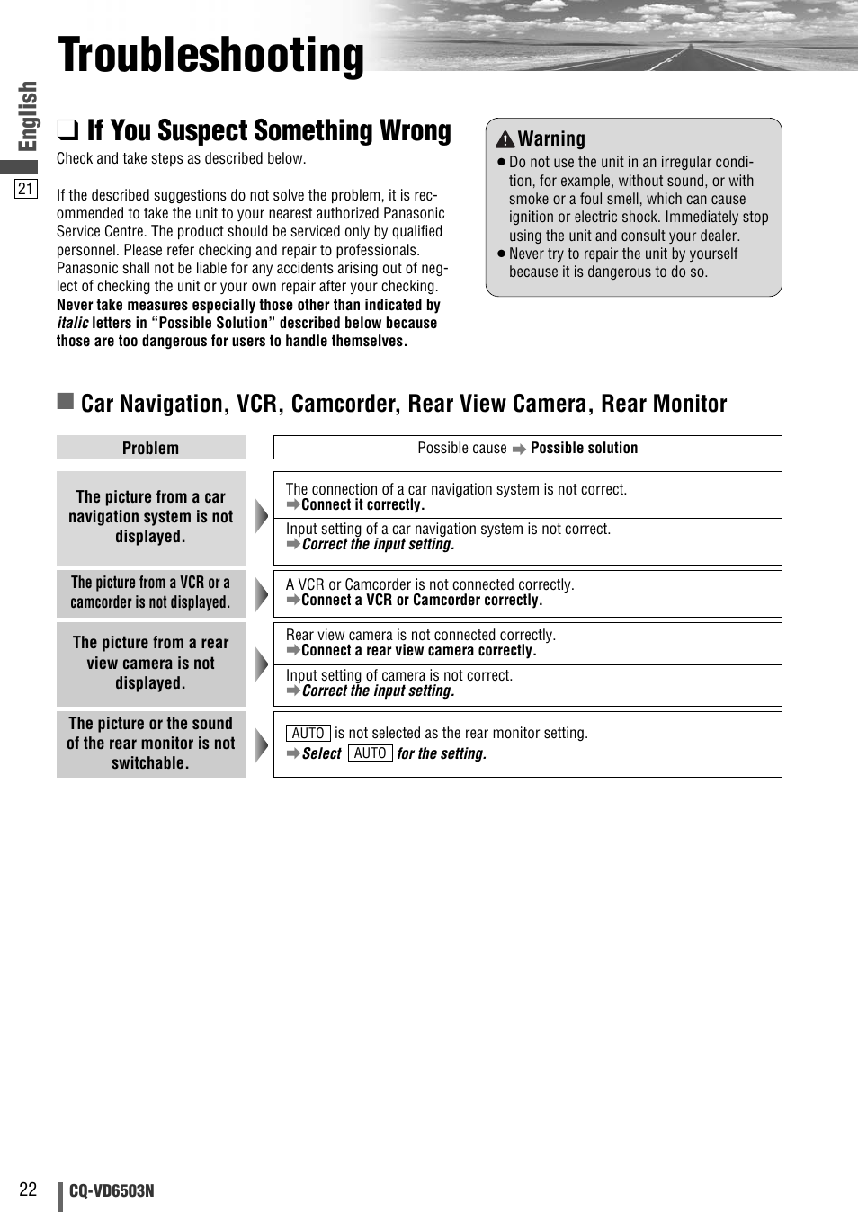 Troubleshooting, If you suspect something wrong, English | Panasonic CQ-VD6503N User Manual | Page 98 / 100