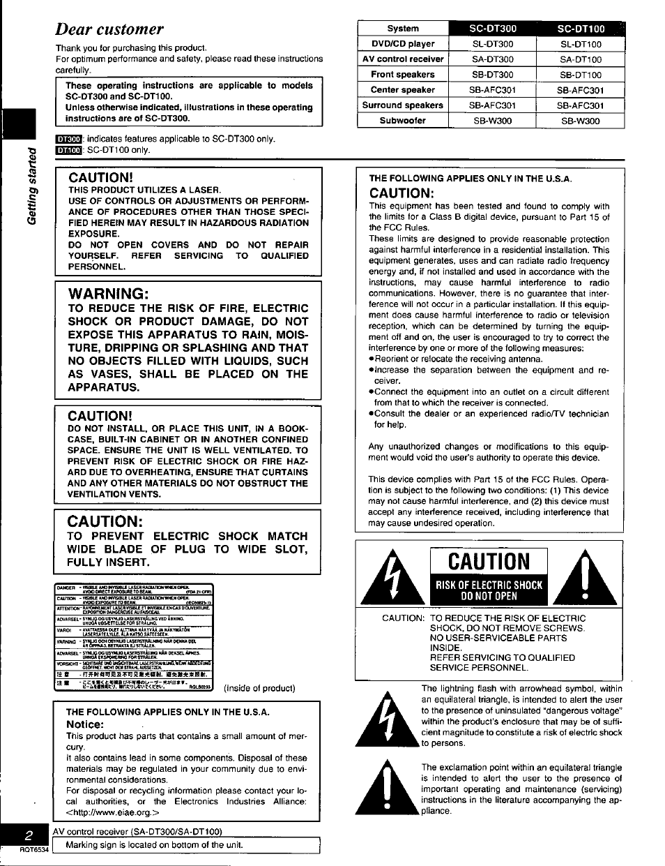 Caution, Warning, Dear customer | Panasonic SC-DT300 User Manual | Page 2 / 40