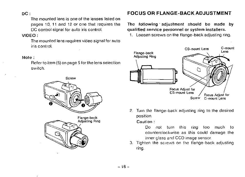 Focus or flange-back adjustment | Panasonic CCTV CAMERA WV-BP102 User Manual | Page 18 / 22