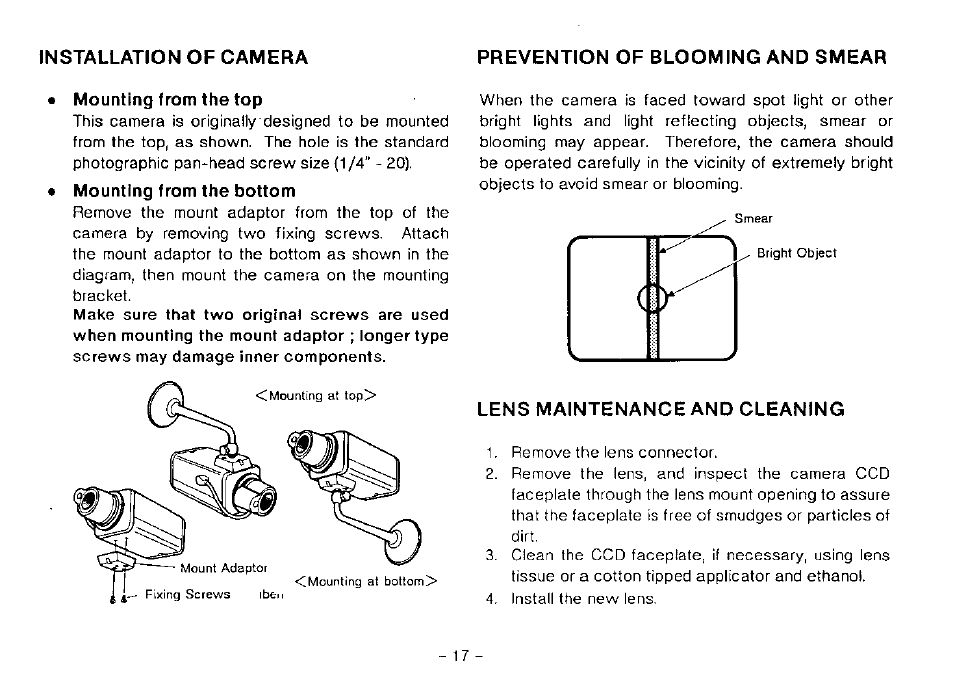 Installation of camera, Prevention of blooming and smear, Mounting from the top | Mounting from the bottom, Lens maintenance and cleaning | Panasonic CCTV CAMERA WV-BP102 User Manual | Page 19 / 22