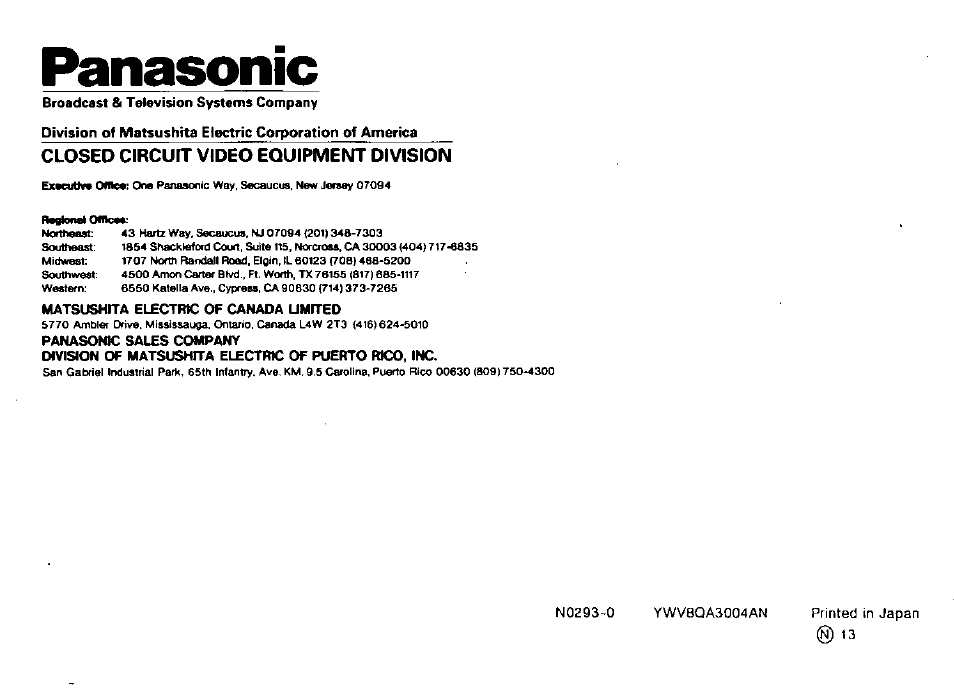 Closed circurr video equipment division, Panasonic | Panasonic CCTV CAMERA WV-BP102 User Manual | Page 22 / 22