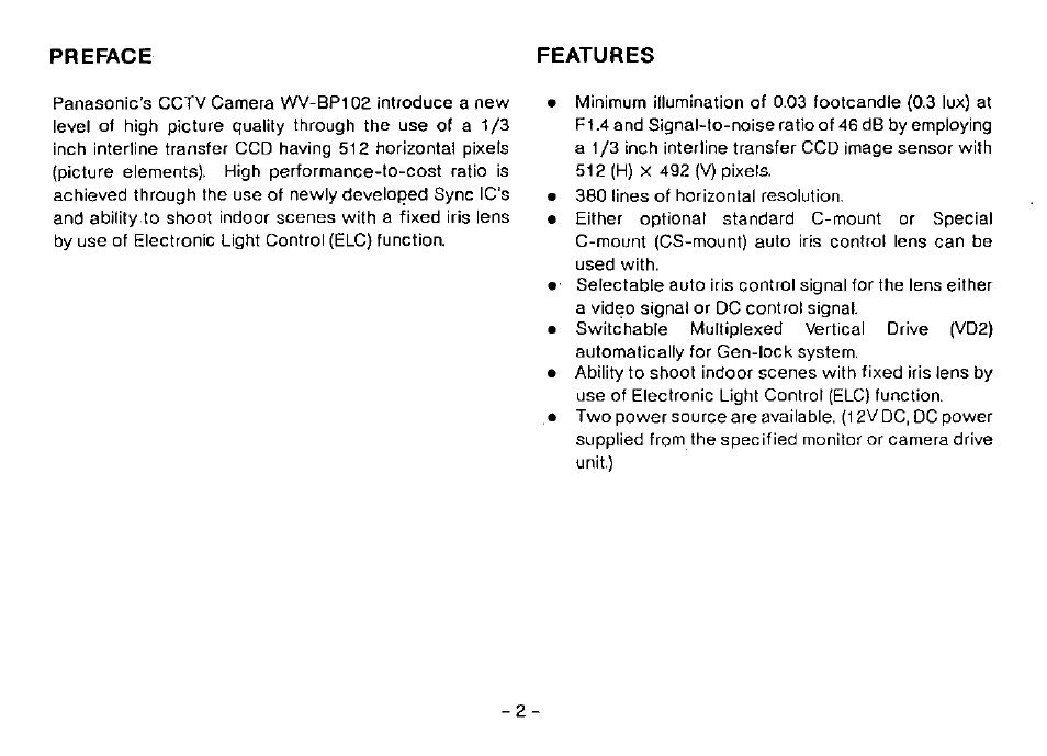 Preface features | Panasonic CCTV CAMERA WV-BP102 User Manual | Page 4 / 22