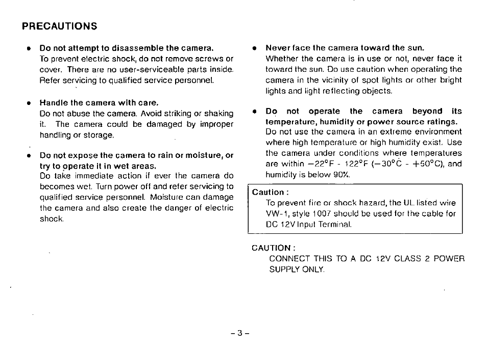 Precautions | Panasonic CCTV CAMERA WV-BP102 User Manual | Page 5 / 22