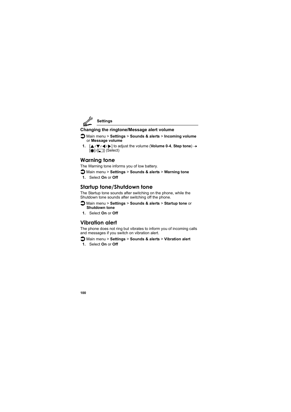 Warning tone, Startup tone/shutdown tone, Vibration alert | Panasonic EB-MX7  EN User Manual | Page 103 / 168