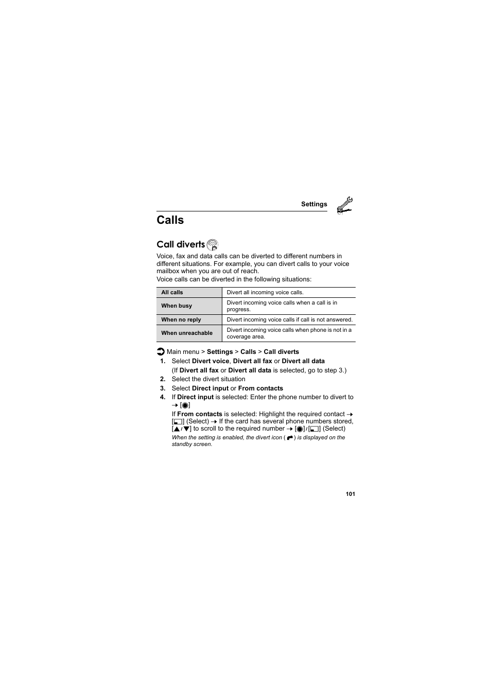 Calls, Call diverts | Panasonic EB-MX7  EN User Manual | Page 104 / 168