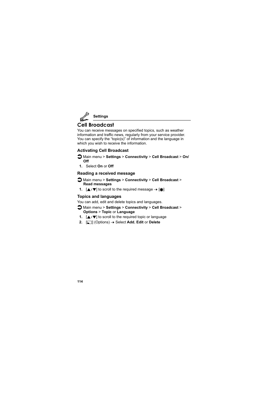 Cell broadcast | Panasonic EB-MX7  EN User Manual | Page 117 / 168