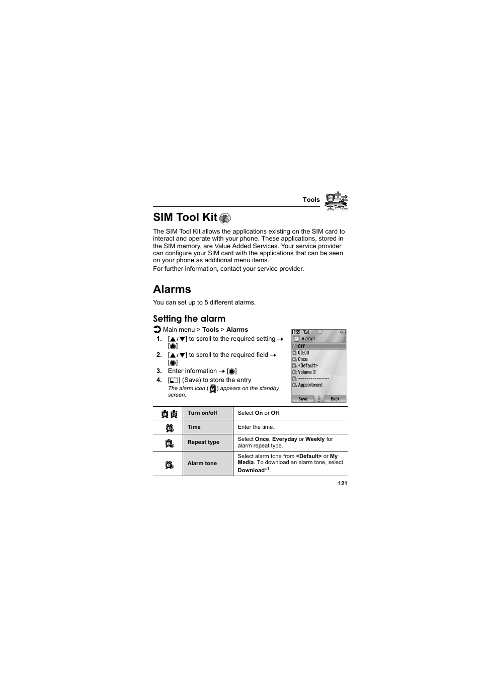 Sim tool kit, Alarms, Sim tool kit alarms | Setting the alarm | Panasonic EB-MX7  EN User Manual | Page 124 / 168