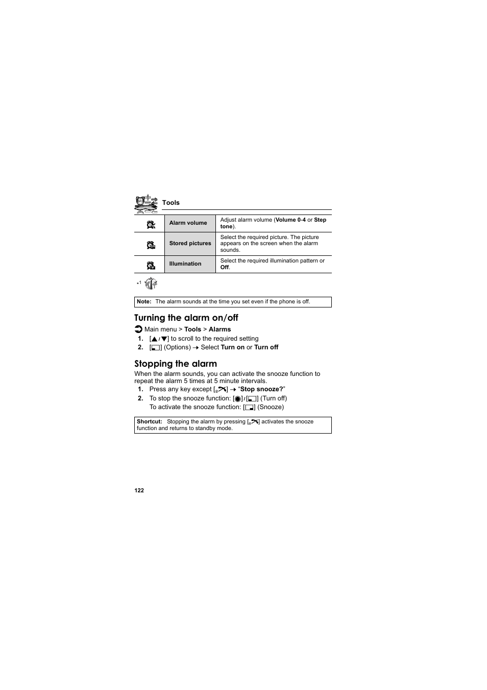 Turning the alarm on/off, Stopping the alarm | Panasonic EB-MX7  EN User Manual | Page 125 / 168