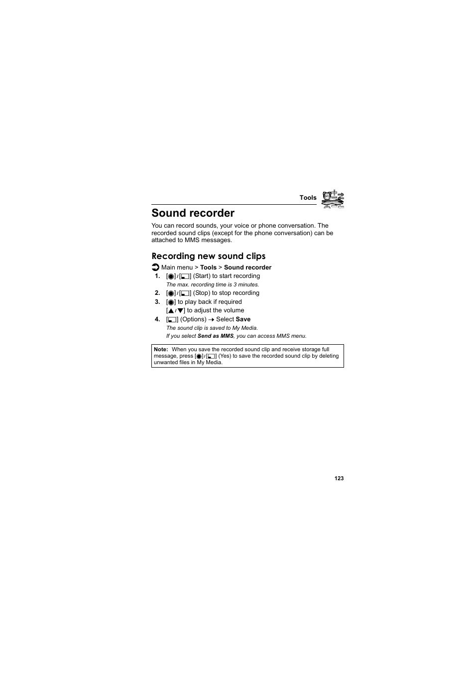 Sound recorder, Recording new sound clips | Panasonic EB-MX7  EN User Manual | Page 126 / 168