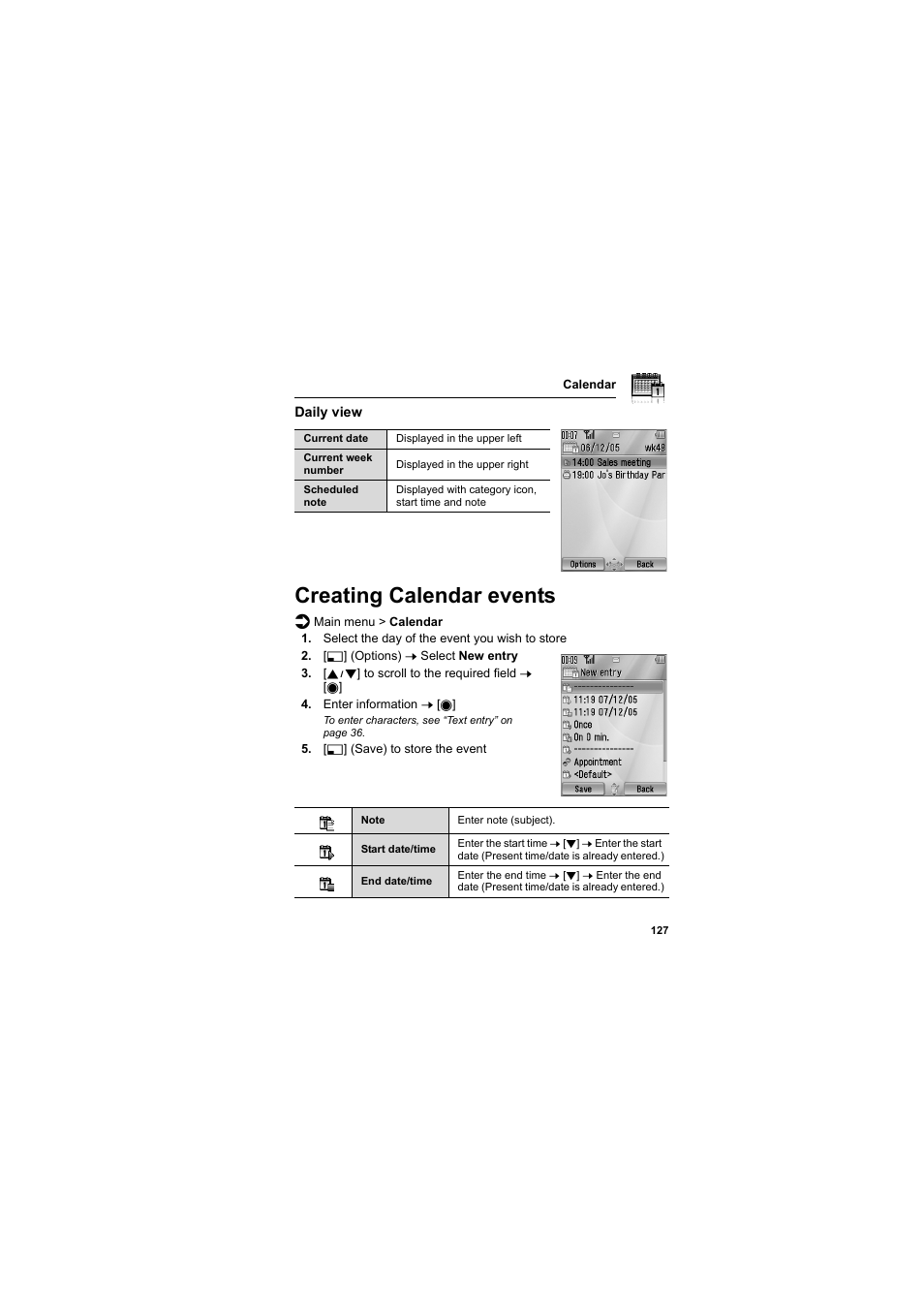 Creating calendar events | Panasonic EB-MX7  EN User Manual | Page 130 / 168