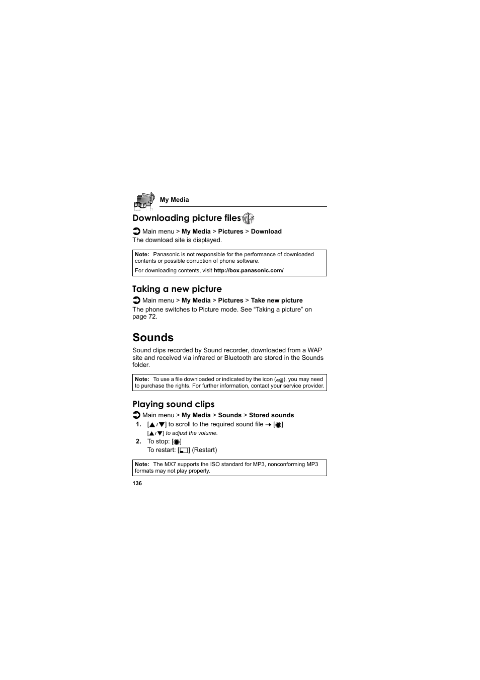 Sounds, Downloading picture files, Taking a new picture | Playing sound clips | Panasonic EB-MX7  EN User Manual | Page 139 / 168