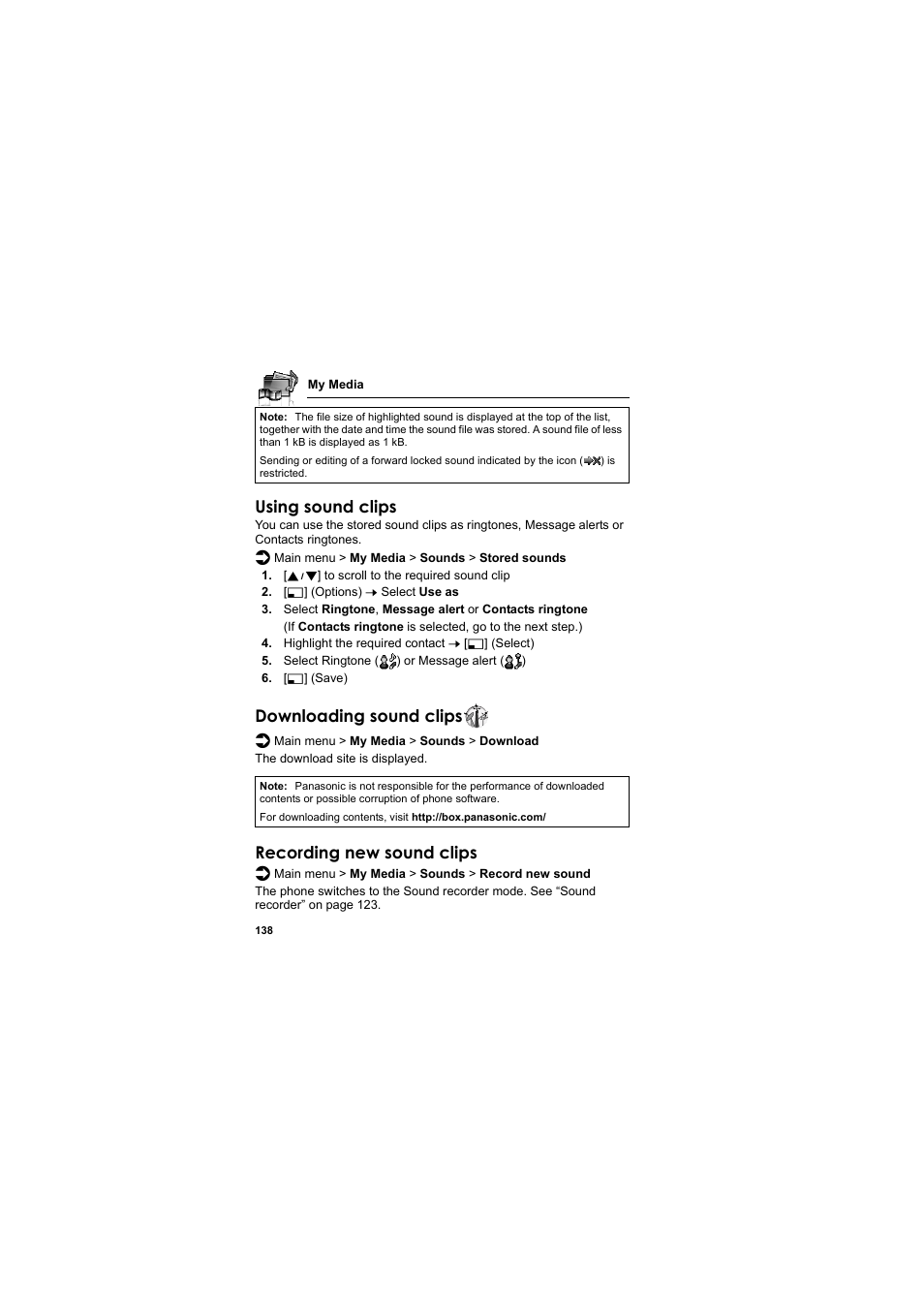 Using sound clips, Downloading sound clips, Recording new sound clips | Panasonic EB-MX7  EN User Manual | Page 141 / 168