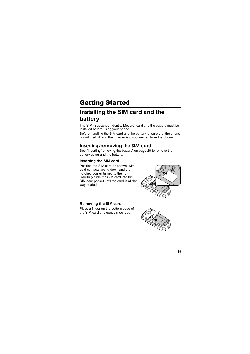 Getting started, Installing the sim card and the battery, Installing the sim card and | The battery | Panasonic EB-MX7  EN User Manual | Page 22 / 168