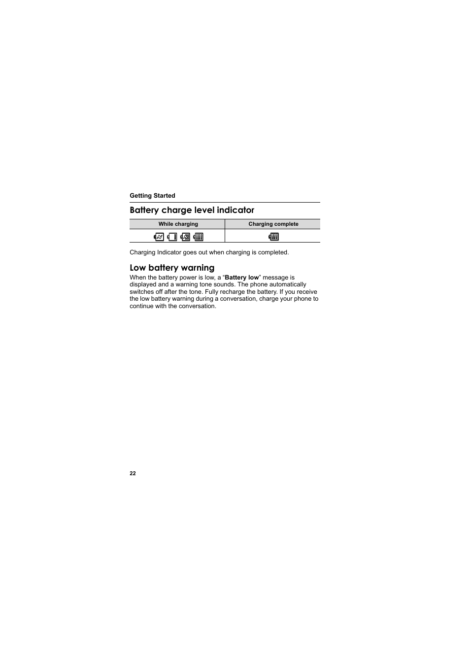 Battery charge level indicator, Low battery warning | Panasonic EB-MX7  EN User Manual | Page 25 / 168