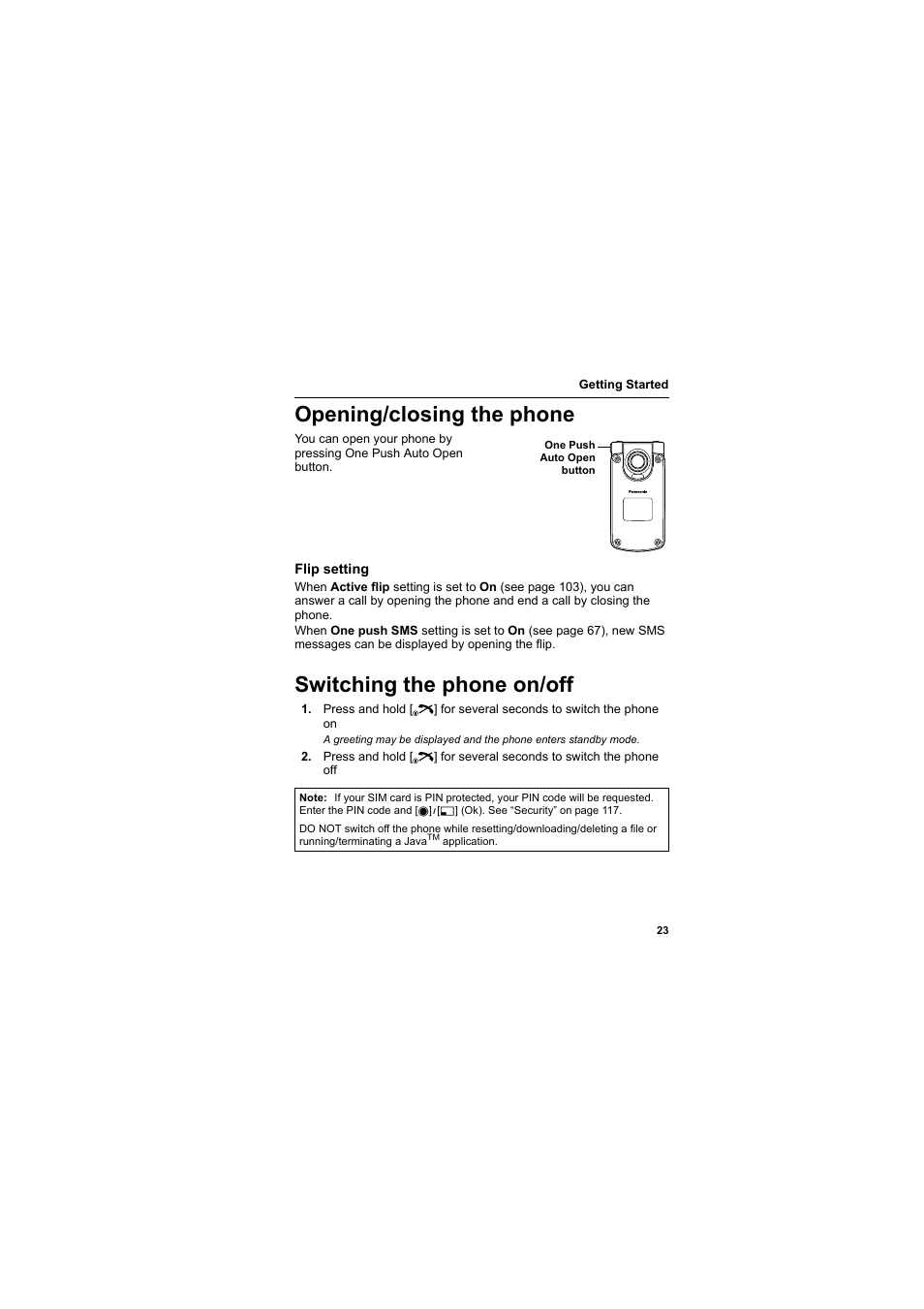 Opening/closing the phone, Switching the phone on/off | Panasonic EB-MX7  EN User Manual | Page 26 / 168